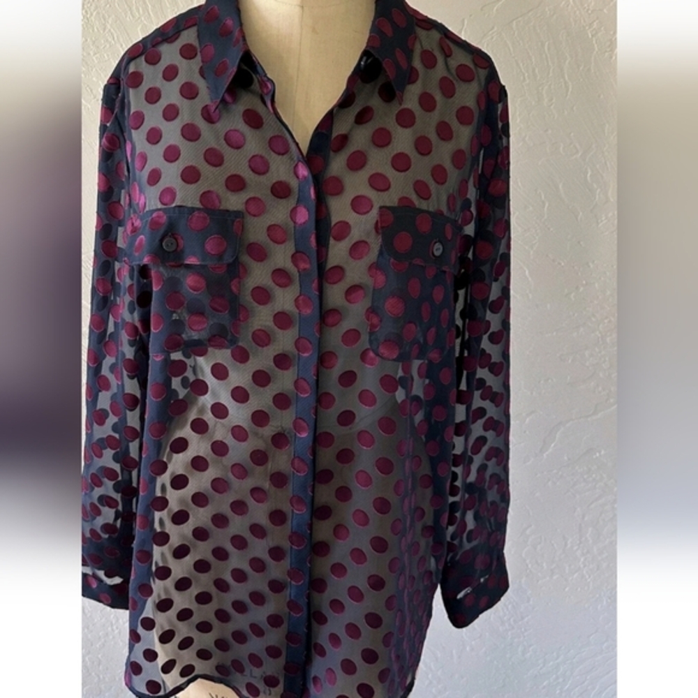 CHICOS | Womens‎ Luxe Dot-Print Shirt Size 3XL Sheer Disco Long Sleeve Blouse